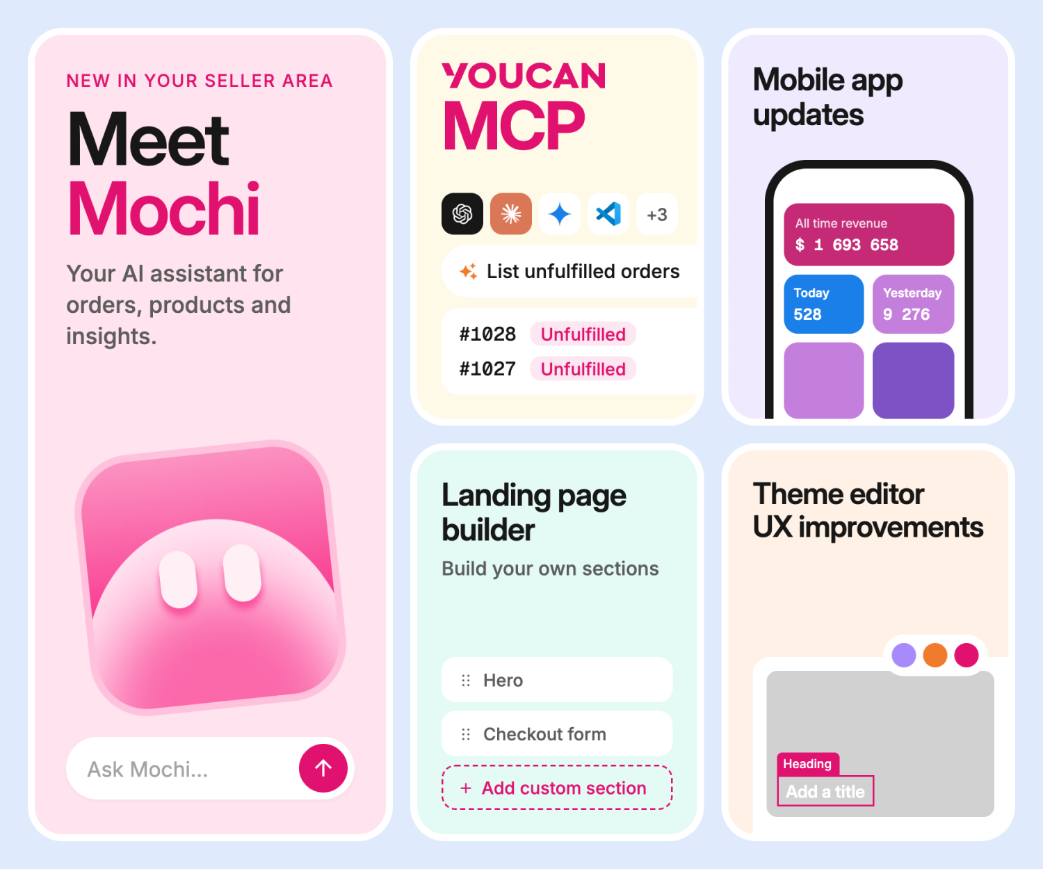 Meet Mochi, YouCan MCP, mobile app updates, landing page builder and Theme Editor UX improvements